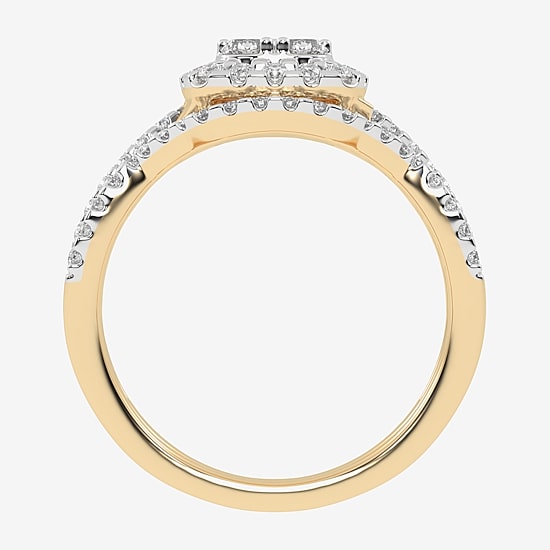 Womens 1/2 CT. T.W. Natural White Diamond 10K Gold Cushion Side Stone Halo Bridal Set
