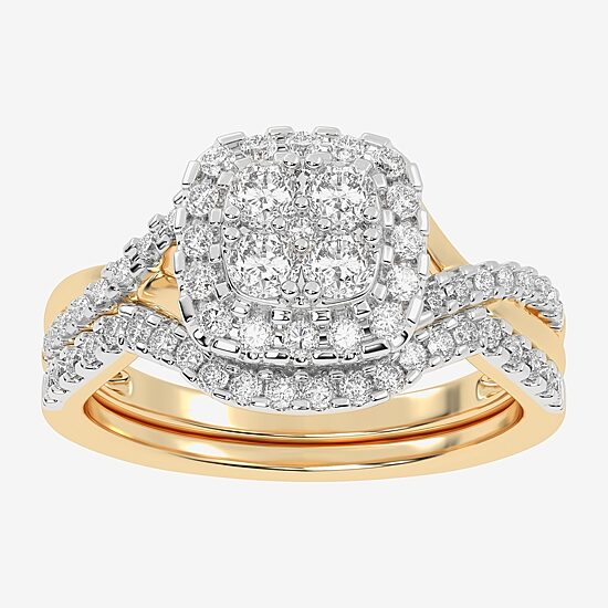 Womens 1/2 CT. T.W. Natural White Diamond 10K Gold Cushion Side Stone Halo Bridal Set