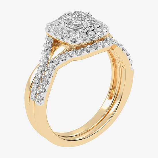 Womens 1/2 CT. T.W. Natural White Diamond 10K Gold Cushion Side Stone Halo Bridal Set