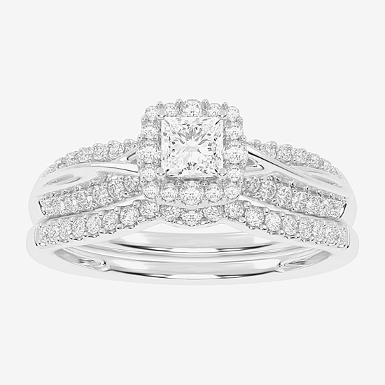 Womens 1/2 CT. T.W. Natural White Diamond 10K Gold Cushion Side Stone Halo Bridal Set
