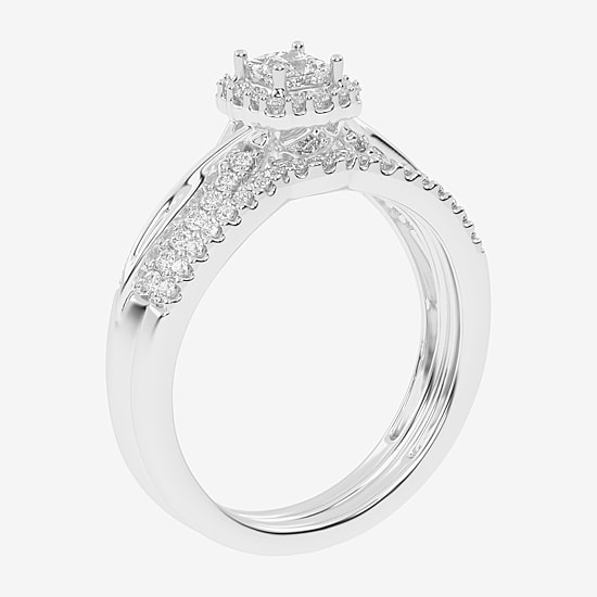 Womens 1/2 CT. T.W. Natural White Diamond 10K Gold Cushion Side Stone Halo Bridal Set