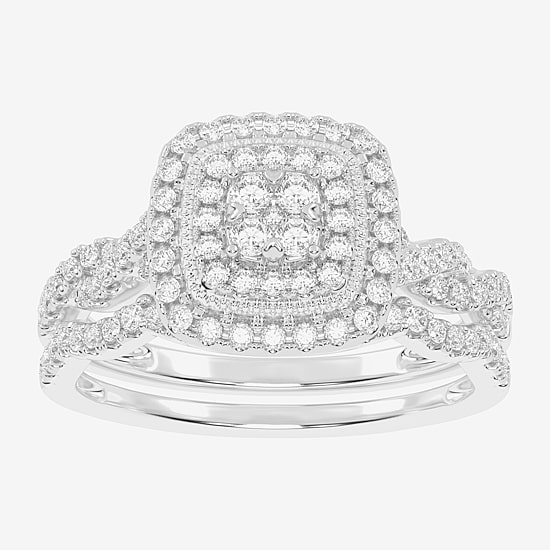 Womens 1/2 CT. T.W. Natural White Diamond 10K Gold Cushion Side Stone Halo Bridal Set