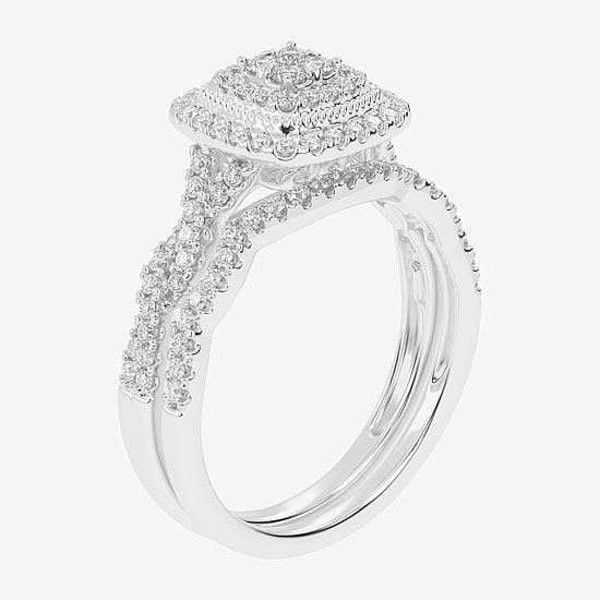 Womens 1/2 CT. T.W. Natural White Diamond 10K Gold Cushion Side Stone Halo Bridal Set