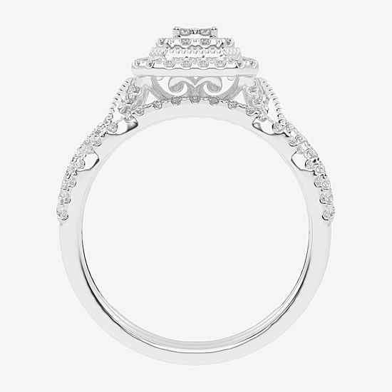 Womens 1/2 CT. T.W. Natural White Diamond 10K Gold Cushion Side Stone Halo Bridal Set