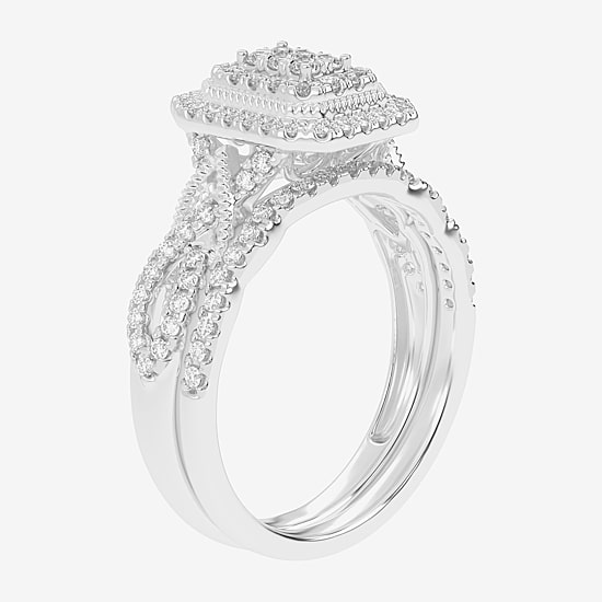Womens 1/2 CT. T.W. Natural White Diamond 10K Gold Cushion Side Stone Halo Bridal Set
