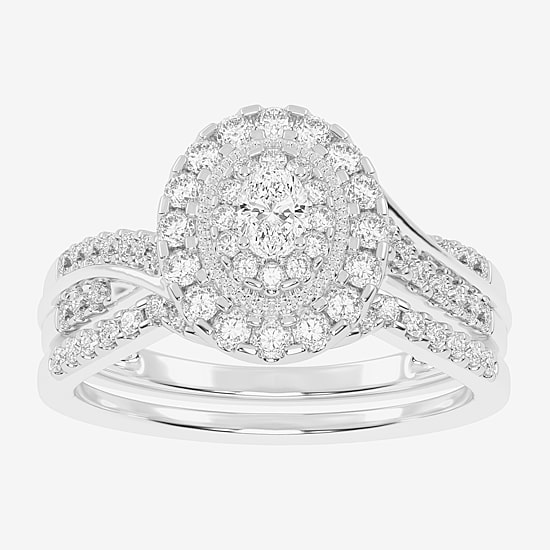 Womens 1/2 CT. T.W. Natural White Diamond 10K Gold Oval Side Stone Halo Bridal Set