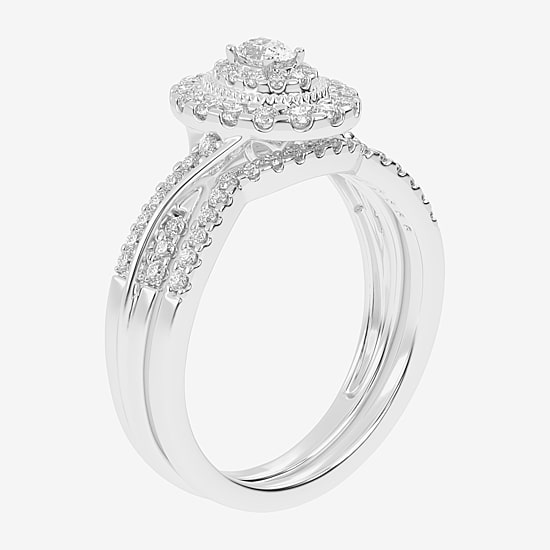 Womens 1/2 CT. T.W. Natural White Diamond 10K Gold Oval Side Stone Halo Bridal Set