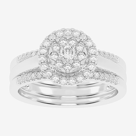 Womens 1/2 CT. T.W. Natural White Diamond 10K Gold Round Side Stone Halo Bridal Set