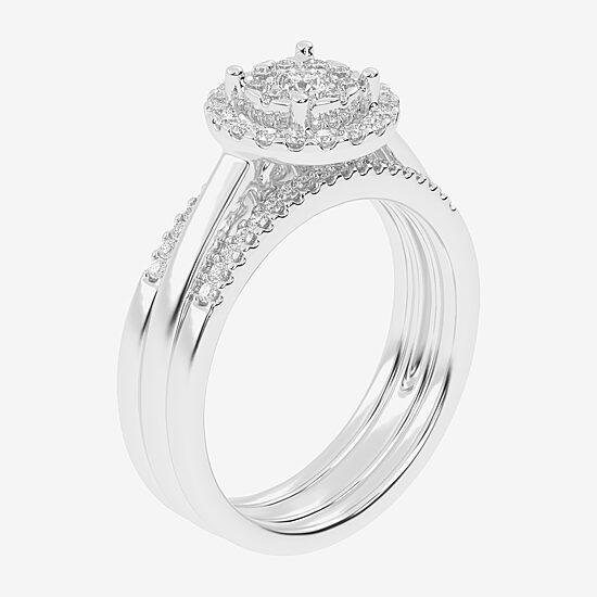 Womens 1/2 CT. T.W. Natural White Diamond 10K Gold Round Side Stone Halo Bridal Set