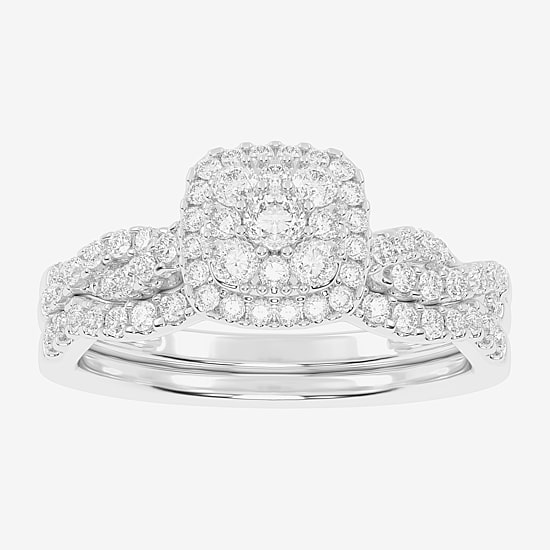 Womens 1/2 CT. T.W. Natural White Diamond 10K Gold Cushion Side Stone Halo Bridal Set