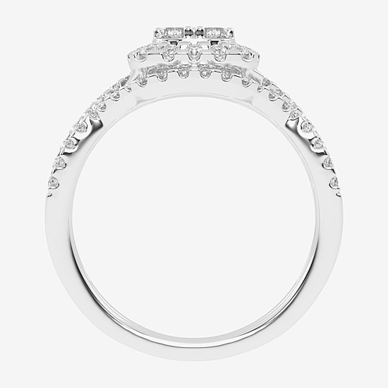 Womens 1/2 CT. T.W. Natural White Diamond 10K Gold Cushion Side Stone Halo Bridal Set