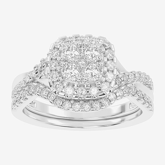 Womens 1/2 CT. T.W. Natural White Diamond 10K Gold Cushion Side Stone Halo Bridal Set