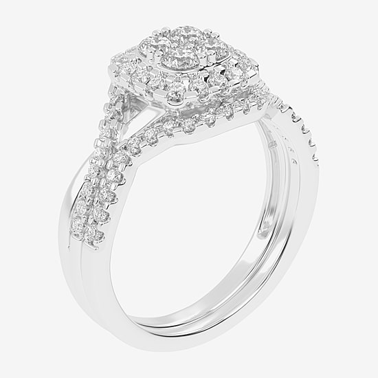 Womens 1/2 CT. T.W. Natural White Diamond 10K Gold Cushion Side Stone Halo Bridal Set