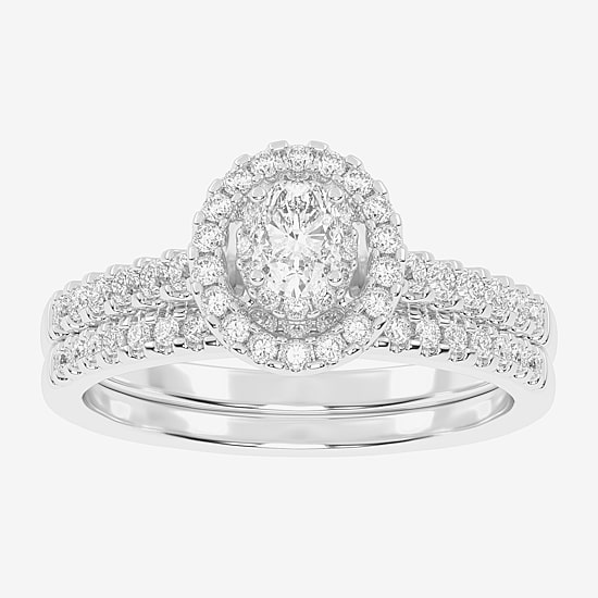Womens 1/2 CT. T.W. Natural White Diamond 10K Gold Round Side Stone Halo Bridal Set