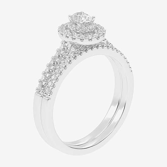 Womens 1/2 CT. T.W. Natural White Diamond 10K Gold Round Side Stone Halo Bridal Set