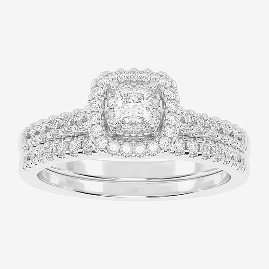 Womens 1/2 CT. T.W. Natural White Diamond 10K Gold Cushion Side Stone Halo Bridal Set