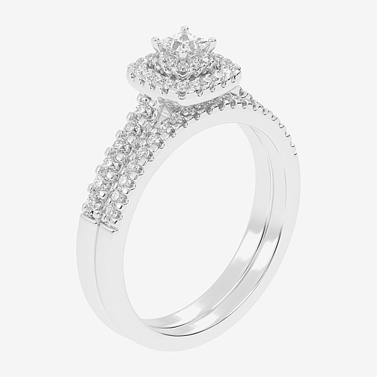 Womens 1/2 CT. T.W. Natural White Diamond 10K Gold Cushion Side Stone Halo Bridal Set