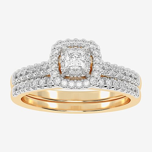 Womens 1/2 CT. T.W. Natural White Diamond 10K Gold Cushion Side Stone Halo Bridal Set, 9, Yellow