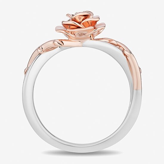 Enchanted Disney Fine Jewelry Womens 1/8 CT. T.W. Natural White Diamond 14K Rose Gold Over Silver Flower Beauty and the Beast Belle Cocktail Ring