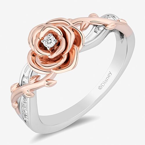 Enchanted Disney Fine Jewelry Womens 1/8 CT. T.W. Natural White Diamond 14K Rose Gold Over Silver Flower Beauty and the Beast Belle Cocktail Ring, 8