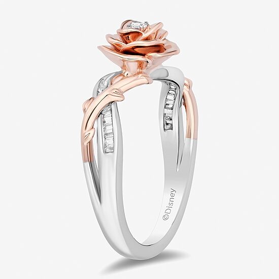 Enchanted Disney Fine Jewelry Womens 1/8 CT. T.W. Natural White Diamond 14K Rose Gold Over Silver Flower Beauty and the Beast Belle Cocktail Ring