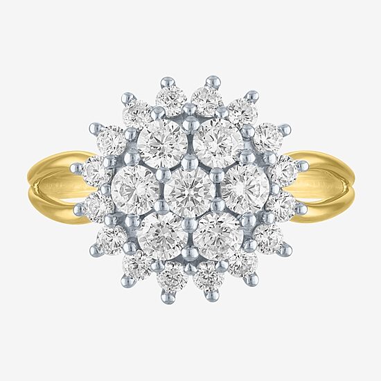 (G-H / Si2-I1) Womens 1 CT. T.W. Lab Grown White Diamond 10K Gold Sunburst Cluster Cocktail Ring