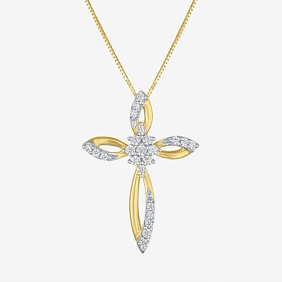 (G-H/ I1-I2) Womens 1/6 CT. T.W. Lab Grown White Diamond 10K Gold Cross 18 Inch Pendant Necklace