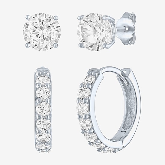 Yes, Please! Womens Lab Created White Sapphire Sterling Silver 2 Pair Earring Set