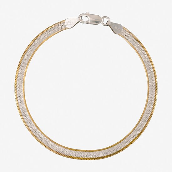 Womens 24K Gold Over Silver 7.5 Inch Solid Herringbone Chain Bracelet