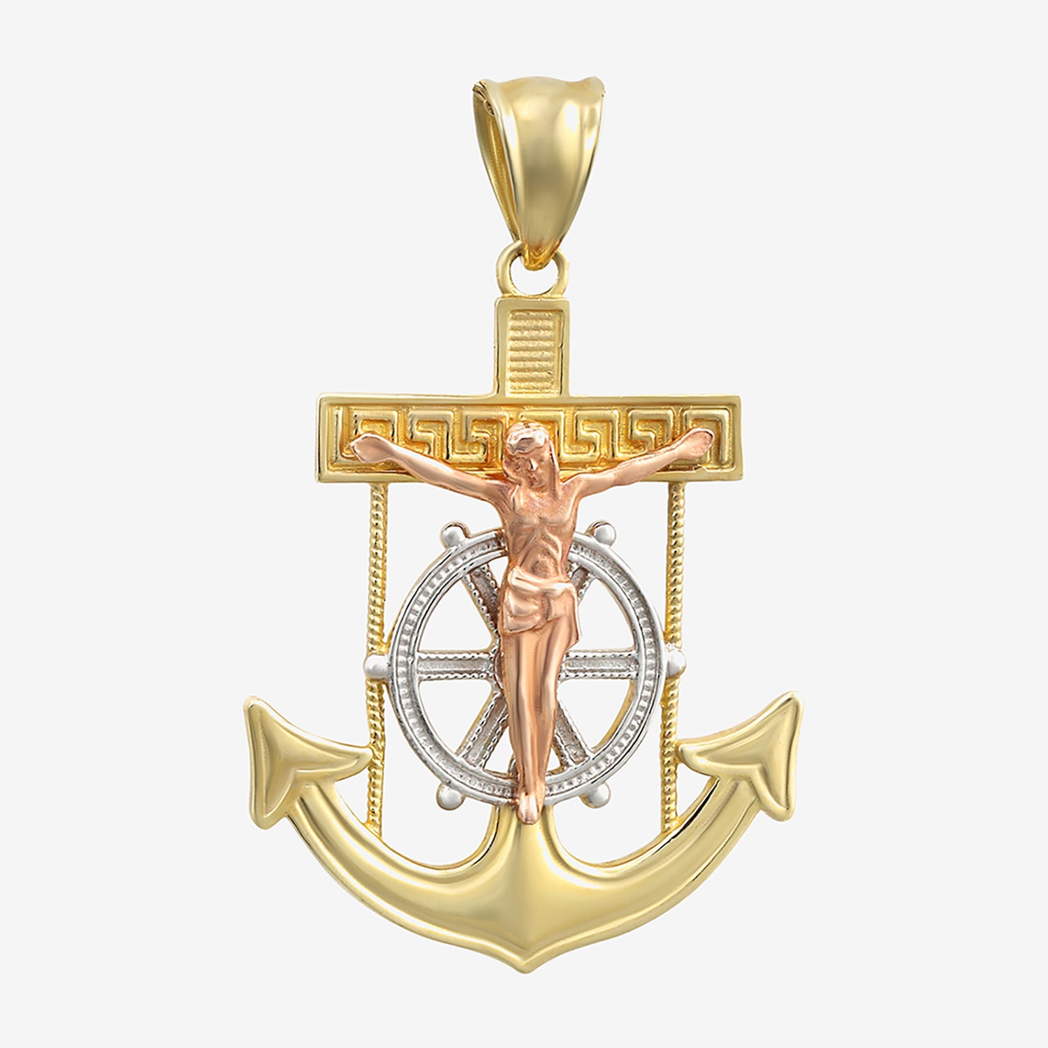 Mens 14K Tri-Color Gold Anchor Cross Pendant Necklace