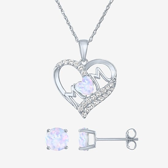 "Mom" Womens Lab Created Opal Sterling Silver Heart 2-pc. Jewelry Set