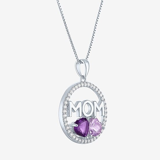 "Mom" Womens Genuine Purple Amethyst Sterling Silver 18 Inch Pendant Necklace