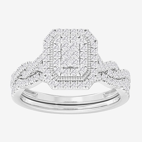 Womens 1/2 CT. T.W. Natural White Diamond 10K Gold Side Stone Halo Bridal Set
