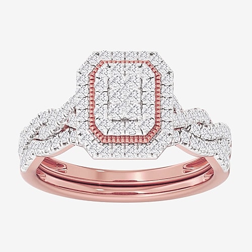 Womens 1/2 CT. T.W. Natural White Diamond 10K Gold Side Stone Halo Bridal Set, 9, Rose