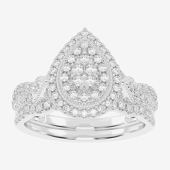 Womens 1/2 CT. T.W. Natural White Diamond 10K Gold Pear Side Stone Halo Bridal Set