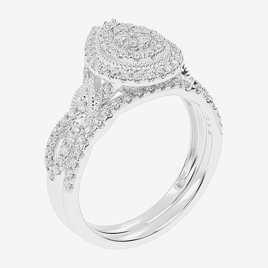 Womens 1/2 CT. T.W. Natural White Diamond 10K Gold Pear Side Stone Halo Bridal Set