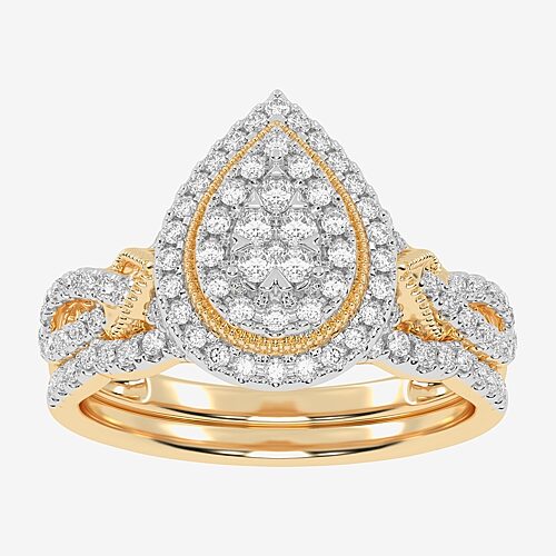 Womens 1/2 CT. T.W. Natural White Diamond 10K Gold Pear Side Stone Halo Bridal Set, 9, Yellow