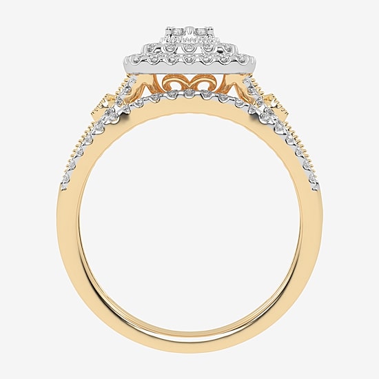 Womens 1/2 CT. T.W. Natural White Diamond 10K Gold Cushion Side Stone Halo Bridal Set