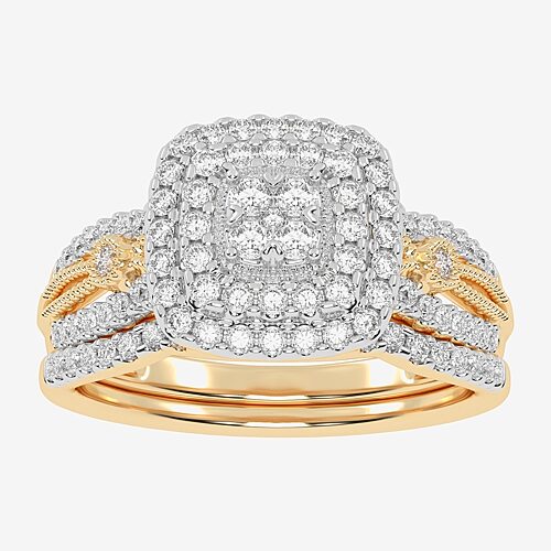 Womens 1/2 CT. T.W. Natural White Diamond 10K Gold Cushion Side Stone Halo Bridal Set, 9, Yellow
