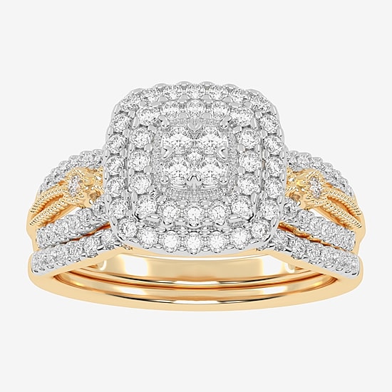 Womens 1/2 CT. T.W. Natural White Diamond 10K Gold Cushion Side Stone Halo Bridal Set