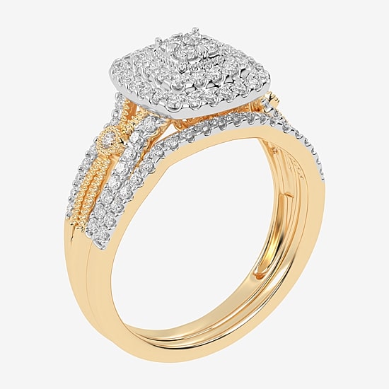Womens 1/2 CT. T.W. Natural White Diamond 10K Gold Cushion Side Stone Halo Bridal Set