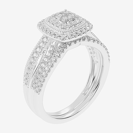 Womens 1/2 CT. T.W. Natural White Diamond 10K Gold Cushion Side Stone Halo Bridal Set