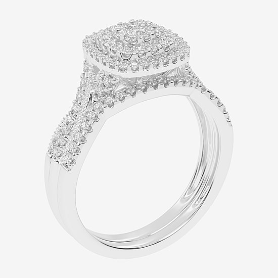 Womens 1/2 CT. T.W. Natural White Diamond 10K Gold Cushion Side Stone Halo Bridal Set
