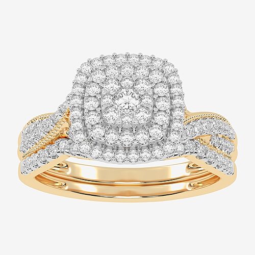 Womens 1/2 CT. T.W. Natural White Diamond 10K Gold Cushion Side Stone Halo Bridal Set, 5, Yellow