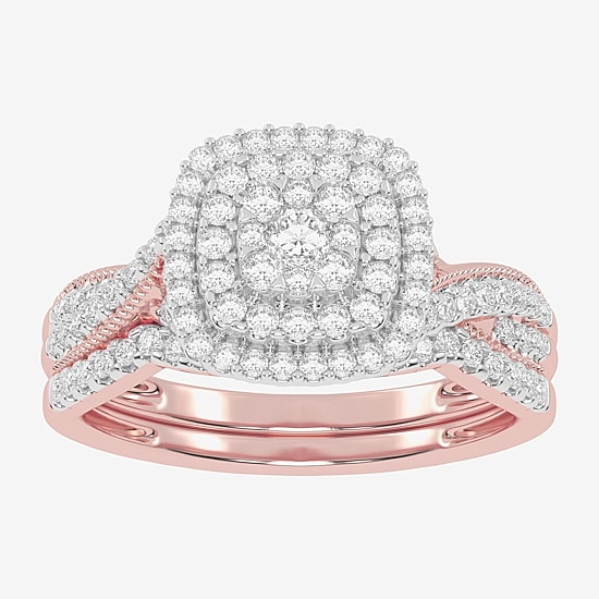 Womens 1/2 CT. T.W. Natural White Diamond 10K Gold Cushion Side Stone Halo Bridal Set