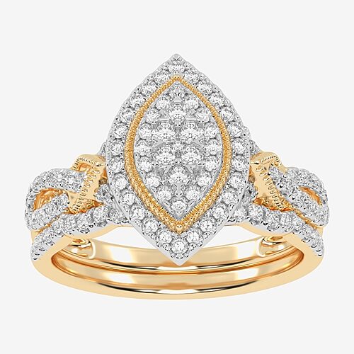 Womens 1/2 CT. T.W. Natural White Diamond 10K Gold Marquise Side Stone Halo Bridal Set, 9, Yellow