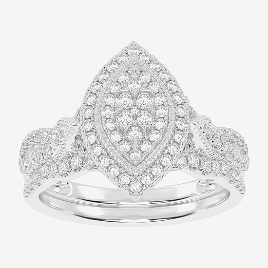 Womens 1/2 CT. T.W. Natural White Diamond 10K Gold Marquise Side Stone Halo Bridal Set