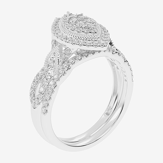 Womens 1/2 CT. T.W. Natural White Diamond 10K Gold Marquise Side Stone Halo Bridal Set