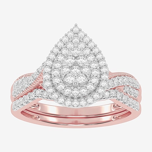 Womens 1/2 CT. T.W. Natural White Diamond 10K Gold Pear Side Stone Halo Bridal Set, 9, Rose