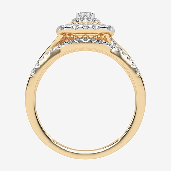 Womens 1/2 CT. T.W. Natural White Diamond 10K Gold Cushion Side Stone Halo Bridal Set